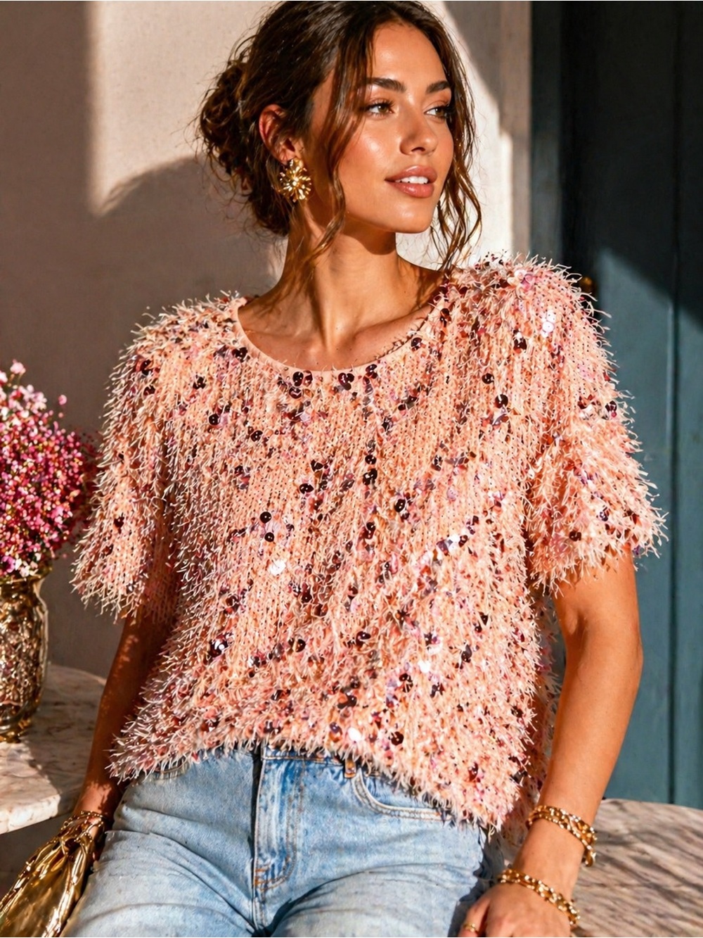 THML Pink Sequin Fringe Feather Textured Party Top Blouse Large - Picture 9 of 9